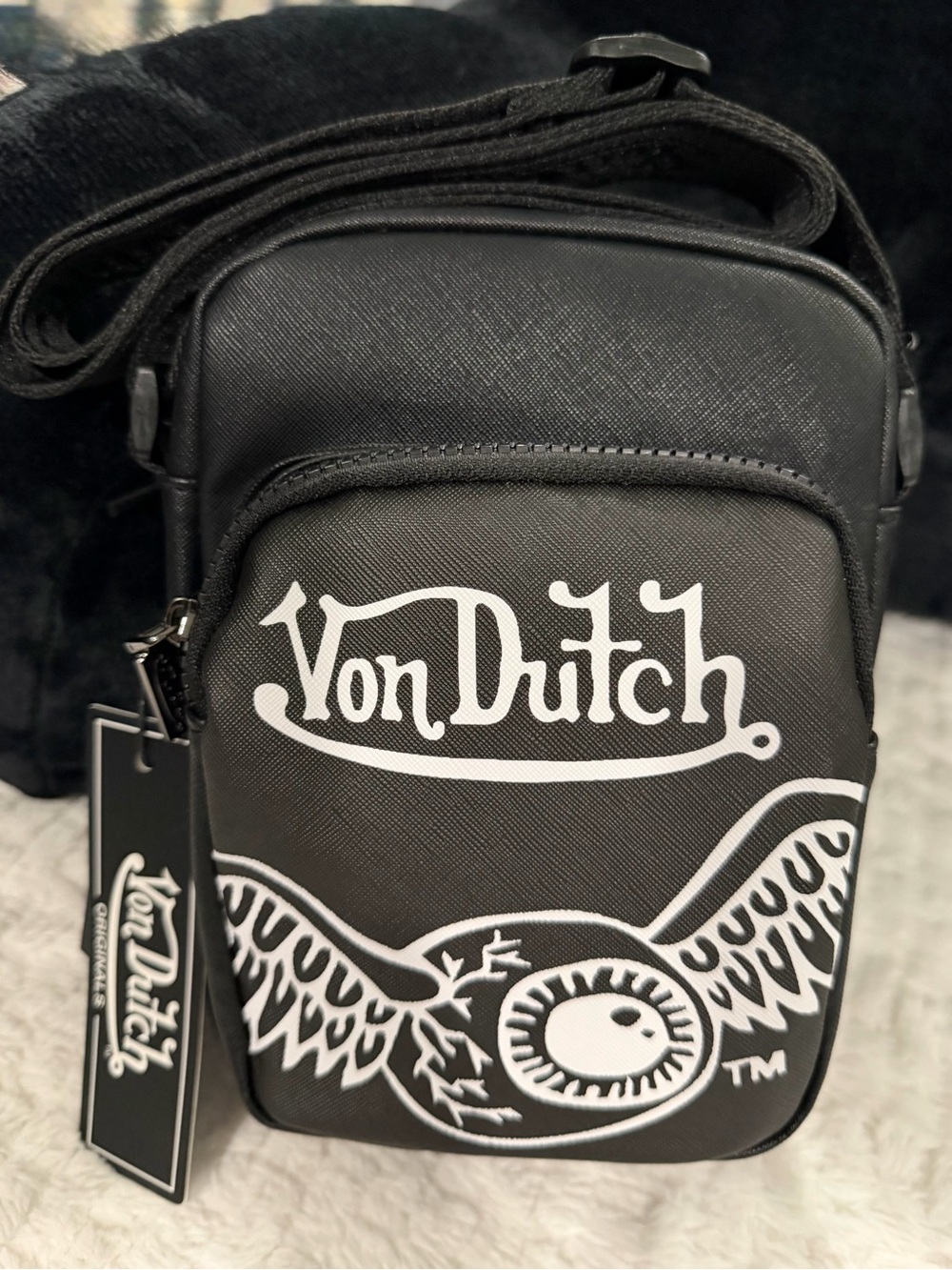 NWT Von Dutch Black and White Crossbody Bag with Flying Eyeball Logo